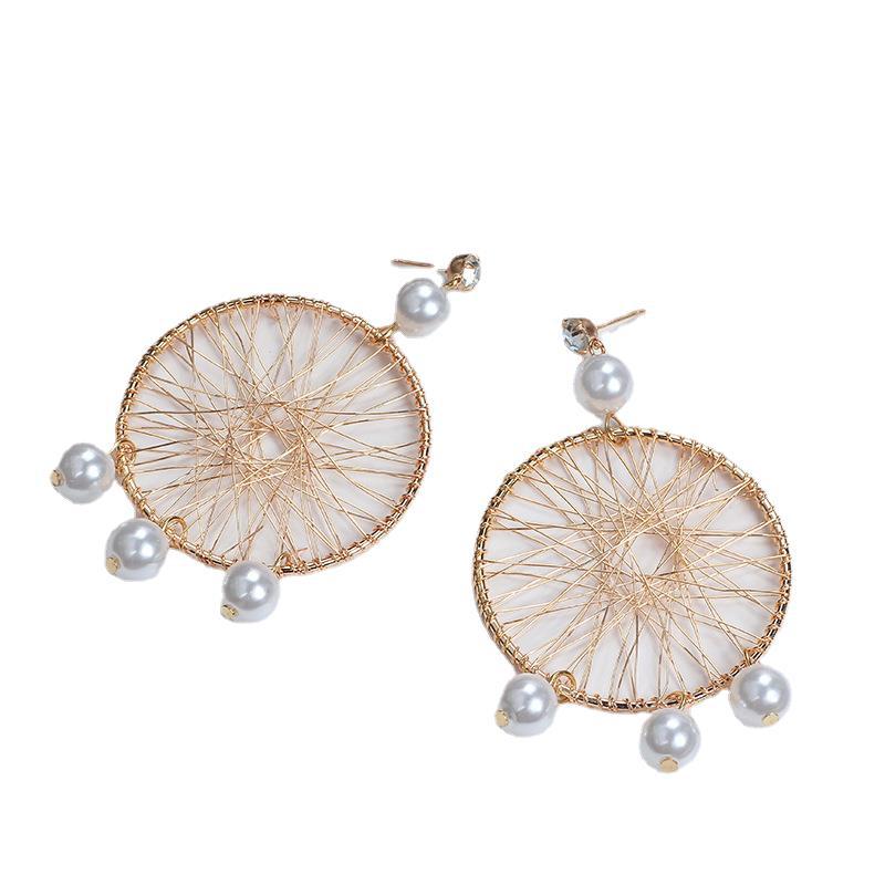 Women's Korean Style Fashionable Mesh Pearl Vintage Weave Metal Big Circle Earrings