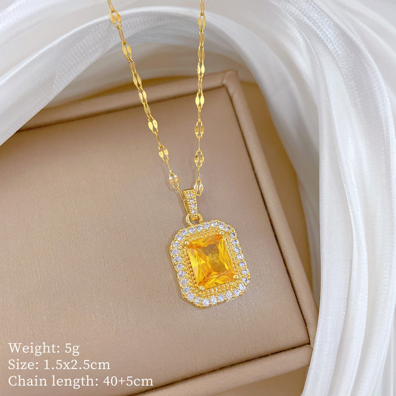 Steel Light Luxury Square Full Rhinestone Zircon Design Versatile Korean Necklaces