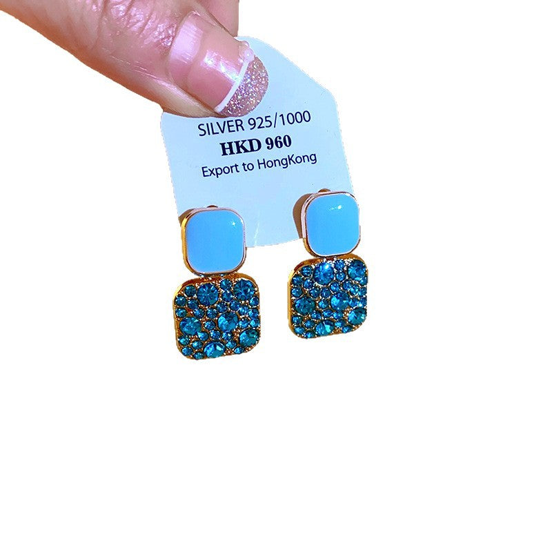 Women's Sier Needle Retro Diamonds Square Light Luxury Simplicity Elegant Fashionable Earrings