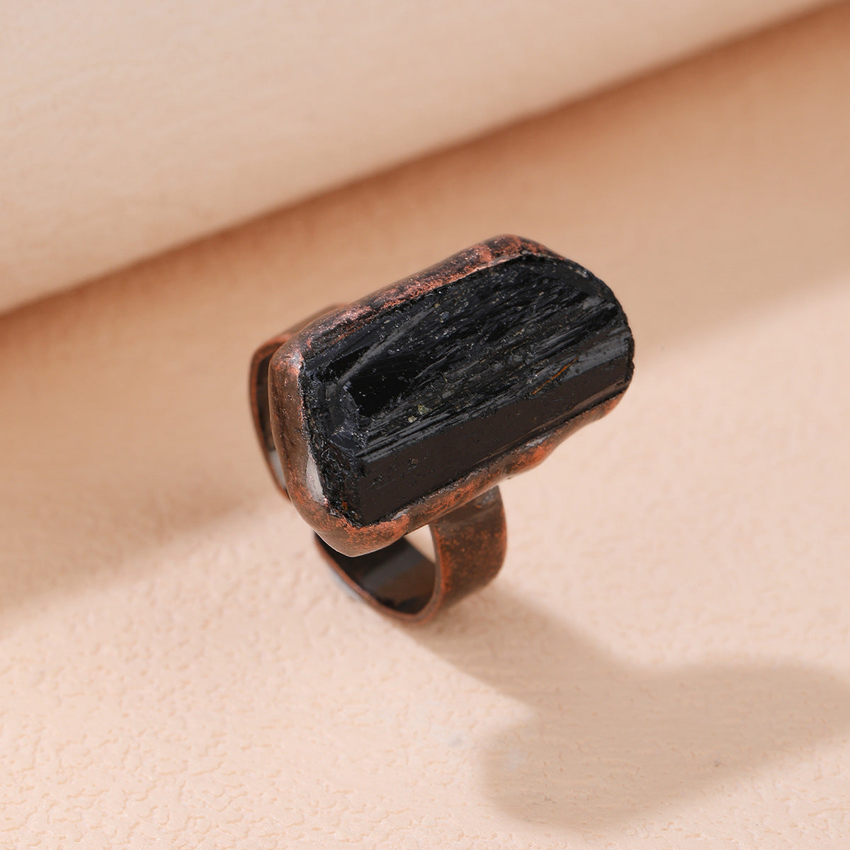 Retro Style Natural Black Tourmaline Unshaped Opening Bronze Electroplating Ring