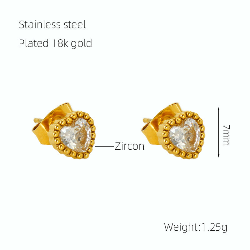 Women's Inlaid Zircon Heart-shaped Small Ear Titanium Earrings
