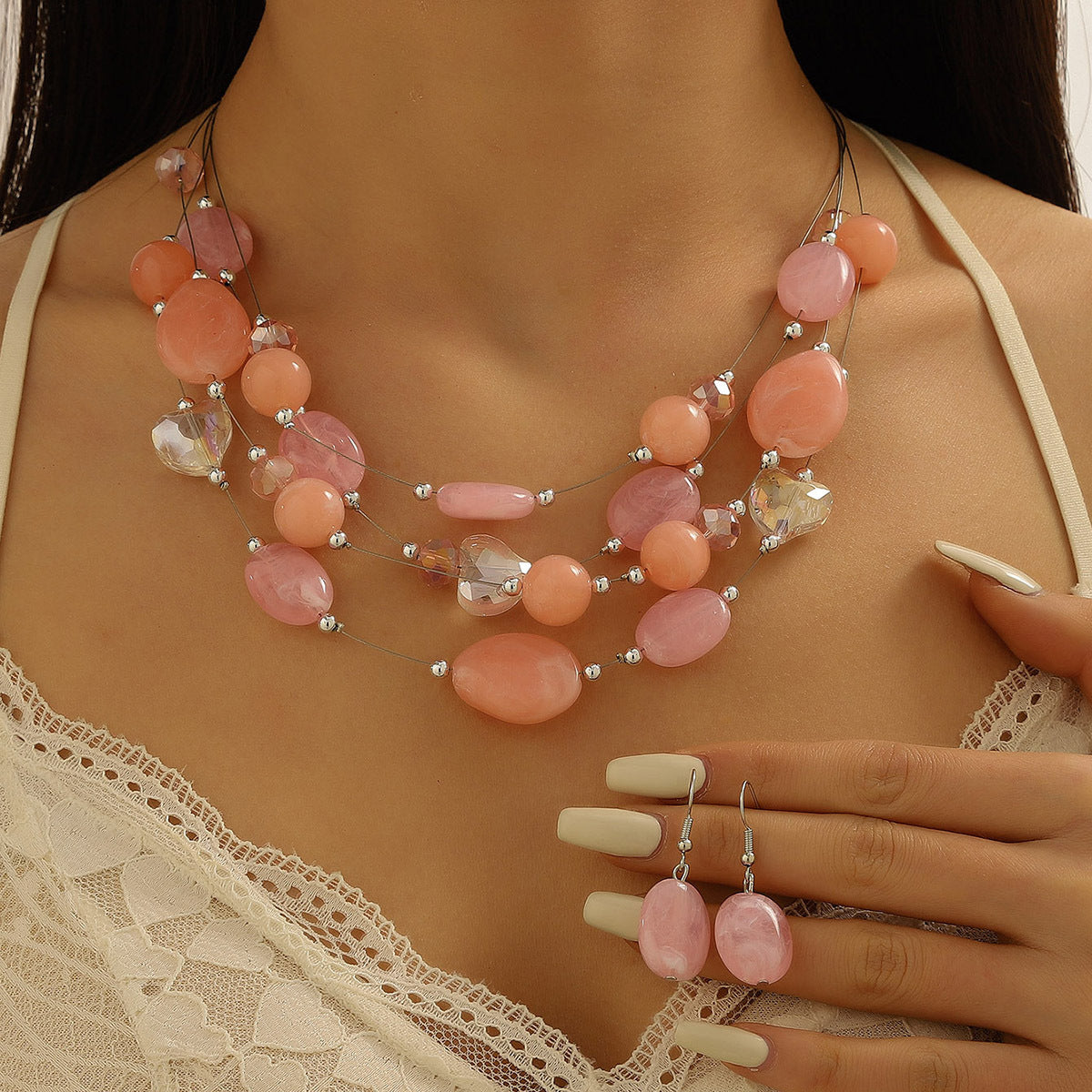 Women's Fashion Style Korean Love Pink Beaded Simple Graceful Jewelry Set