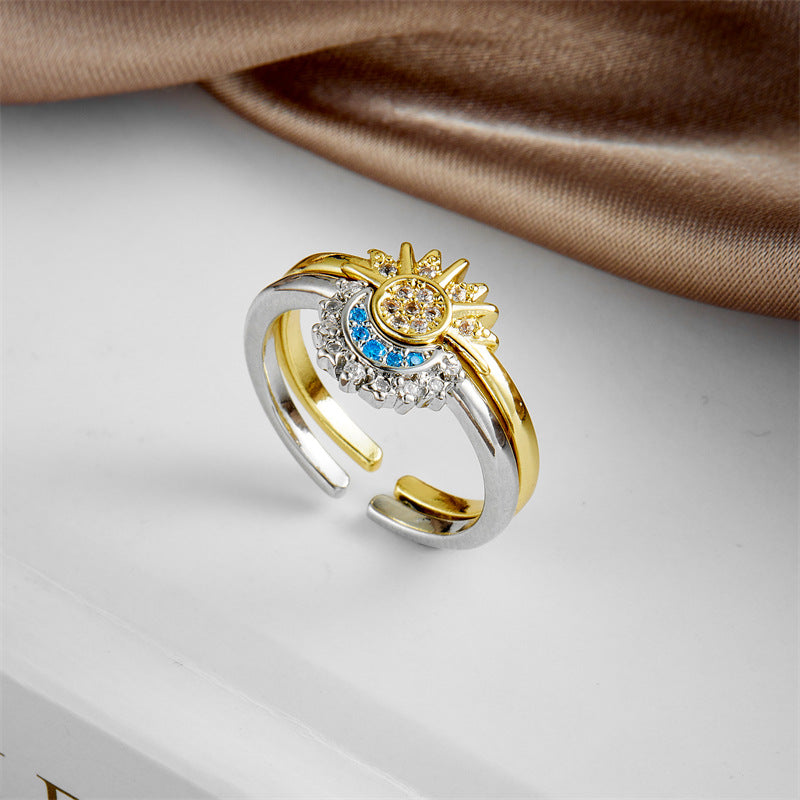 Simple Shiny Sun Moon Blue Diamond Twin Rings