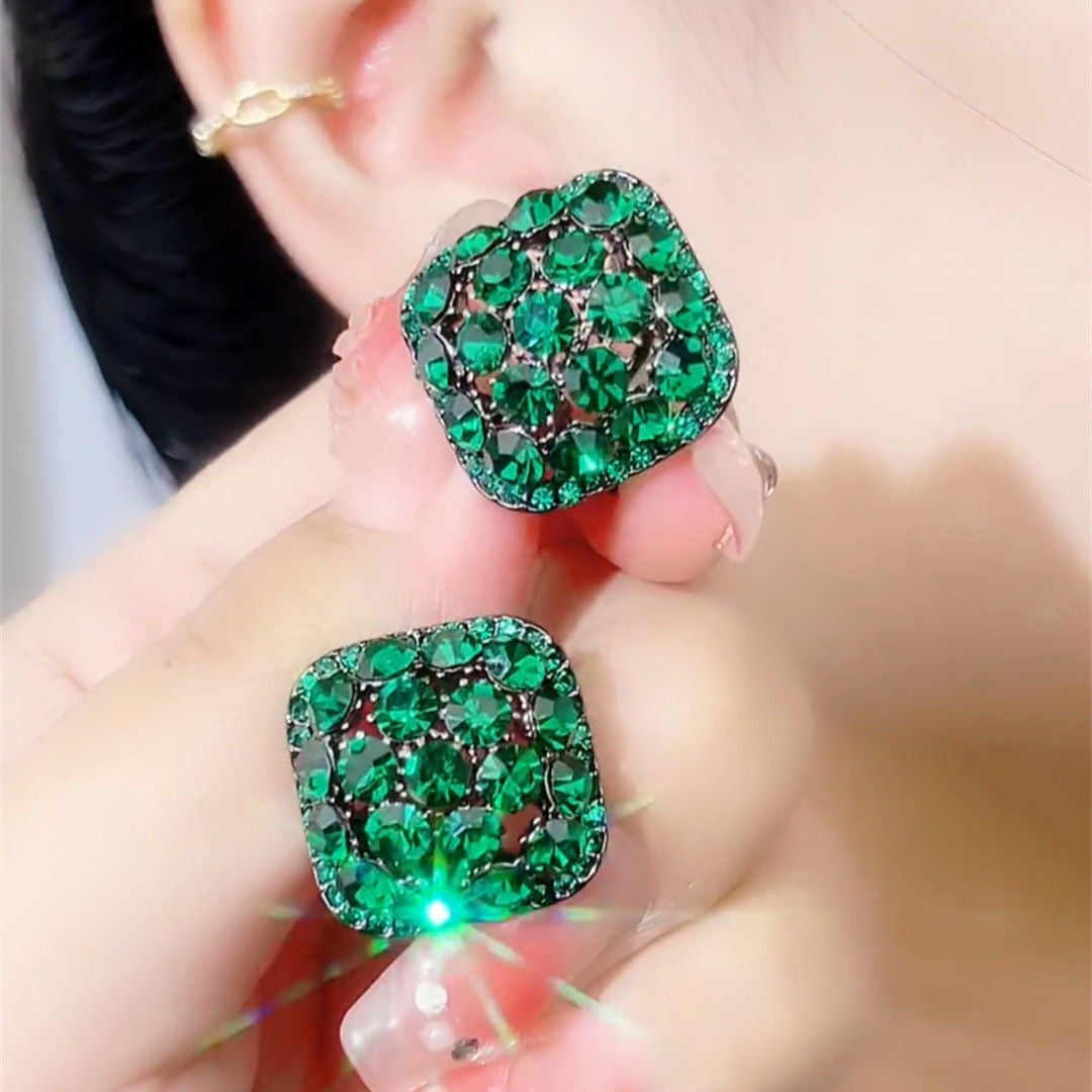 Women's Green Square Retro Full Diamond Ear Clip Design Earrings