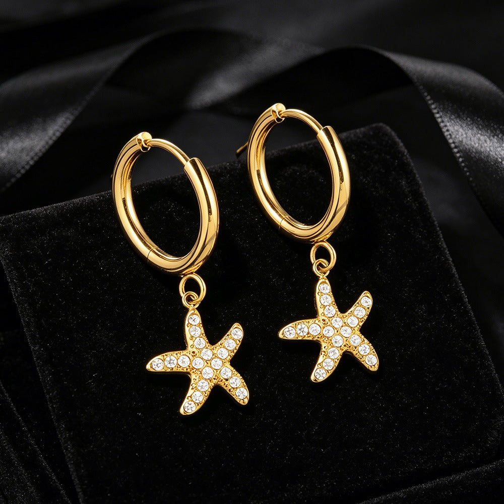 Fashion Stainless Steel Full Zircon Shell Starfish High Sense Refined Earrings
