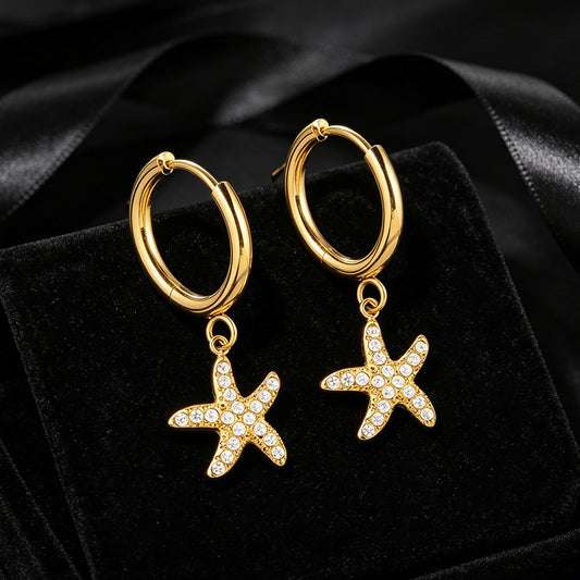 Fashion Stainless Steel Full Zircon Shell Starfish High Sense Refined Earrings