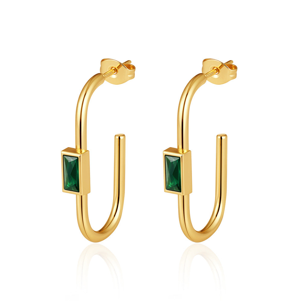 Women's Fashionable Oval Stainless Steel Square Zirconium High-grade Light Earrings