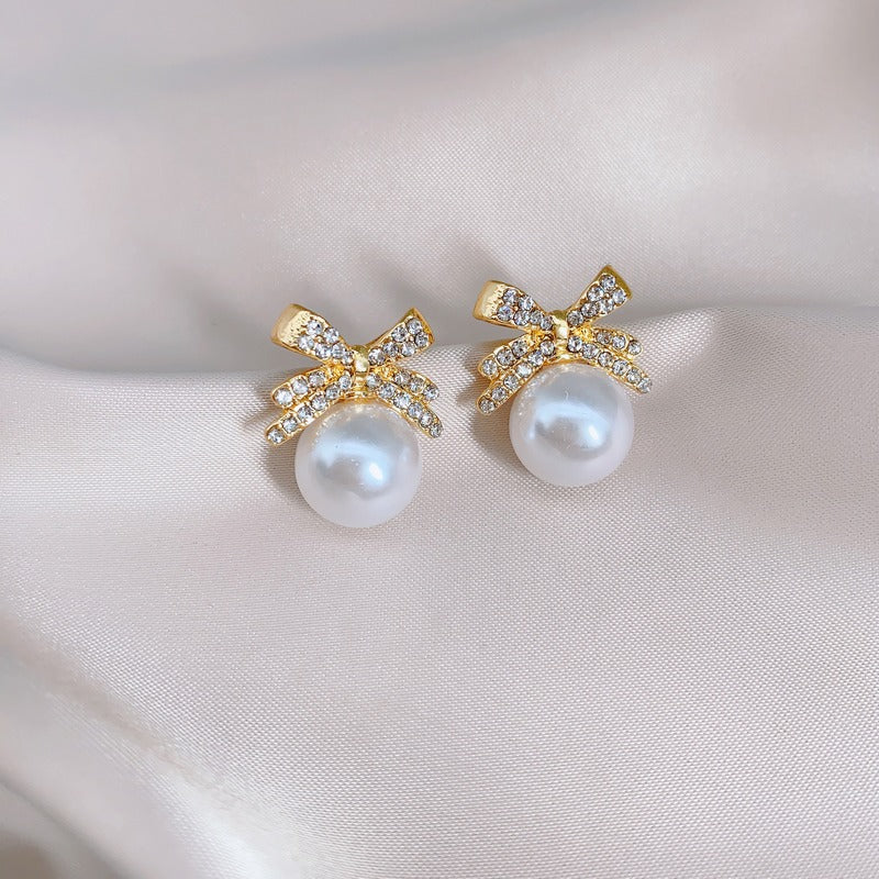 Bow Pearl Diamond Temperament Special Interest Light Earrings