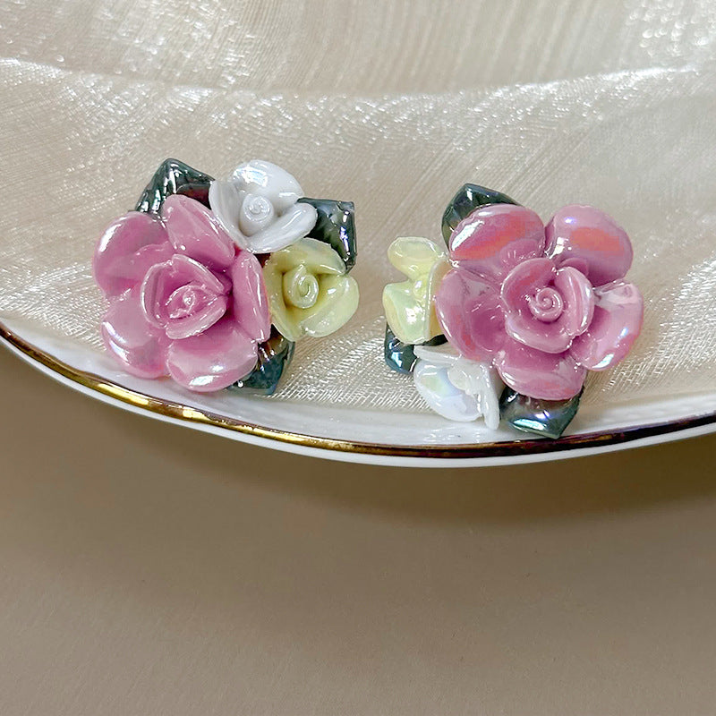 Ceramic Colorful Rose Fresh Mori Style Earrings