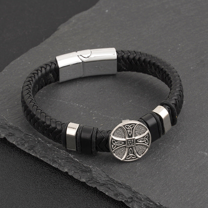 Men's Woven Punk Cowhide Magnetic Snap Cross Bracelets