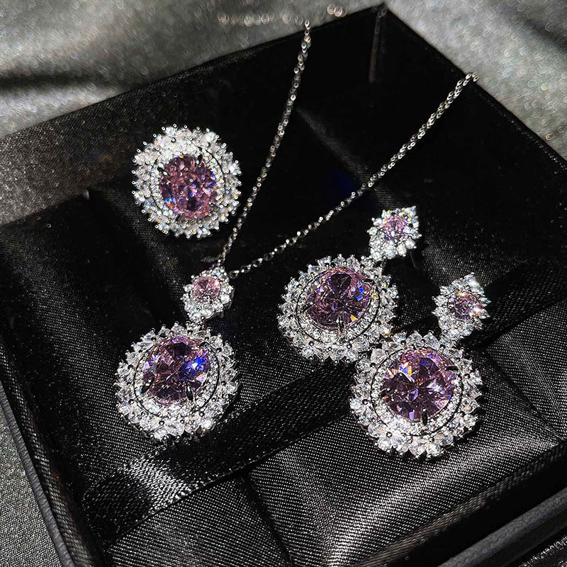 Live Broadcast Three-piece Colored Gems Ear Combination Personality Necklaces