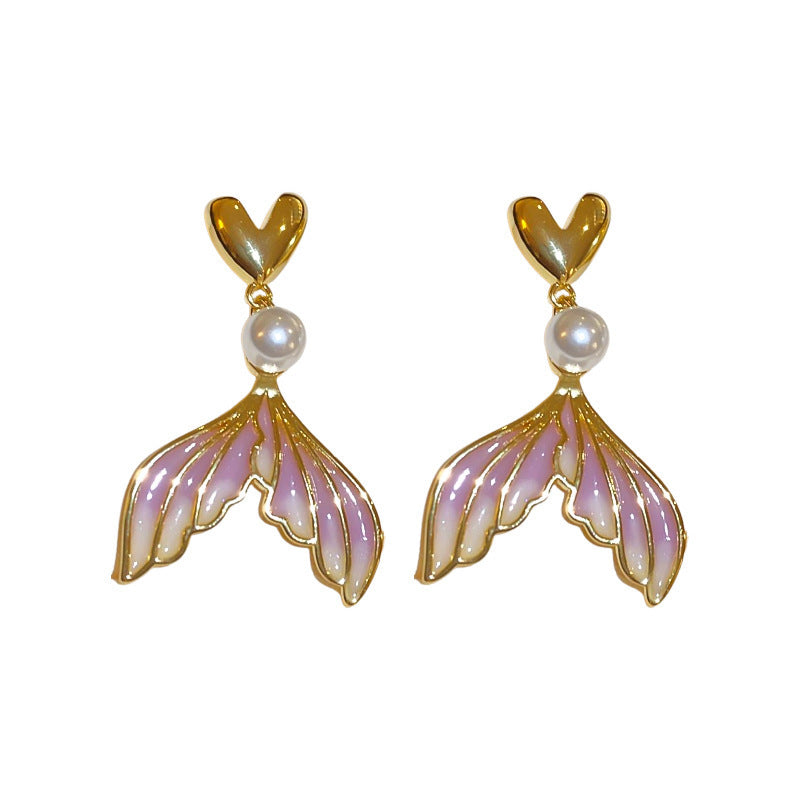 Women's Love Pearl Purple Gradient Fishtail Niche Unique Stud Earrings