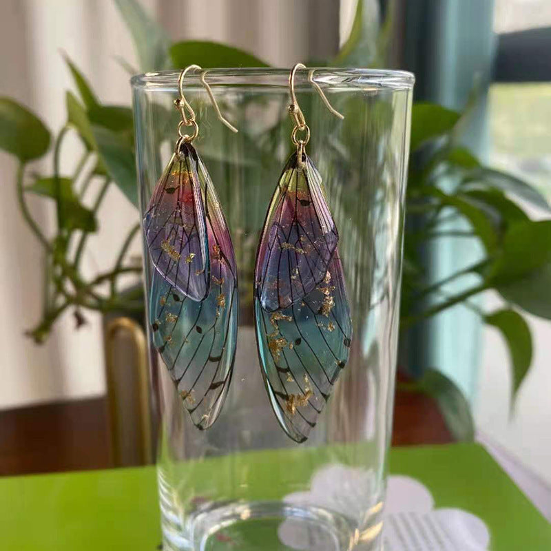Women's Sier Cicada Wings Ear Hook Butterfly Temperamental Fairy Long Eardrop Earrings