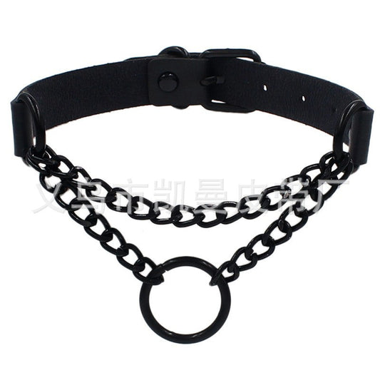 Leather Neckband Street Shot Black Chain Neck Strap Collar