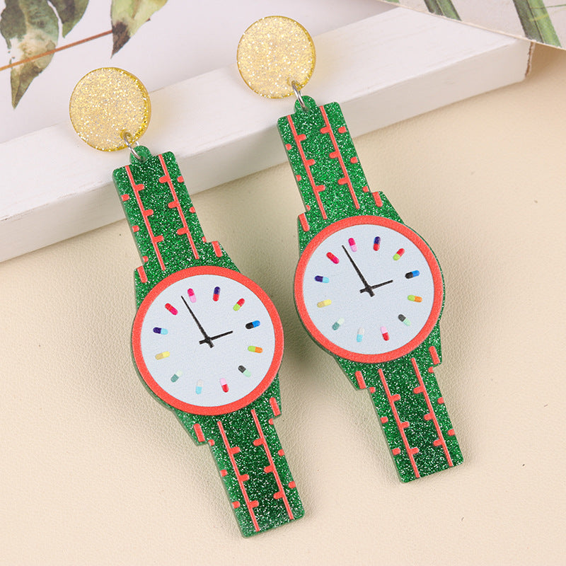 Women's Long Creative Color Mirror Watch Acrylic Earrings