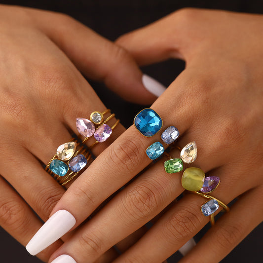 Women's Blue Color Transparent Open-end Zircon Gold Titanium Rings