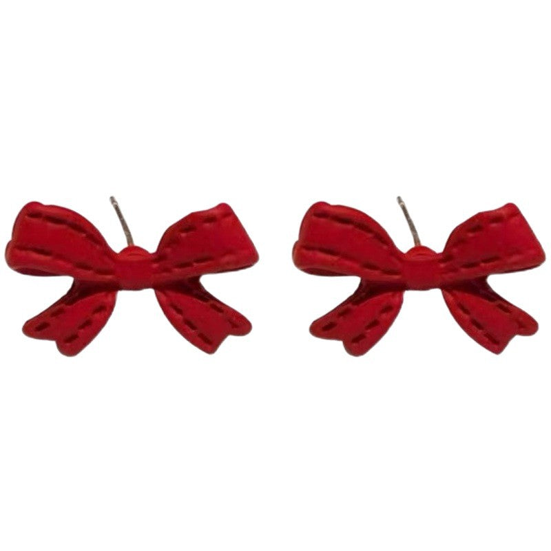 Red Bow Retro Matte Texture Gentle Style Daily Stud Earrings