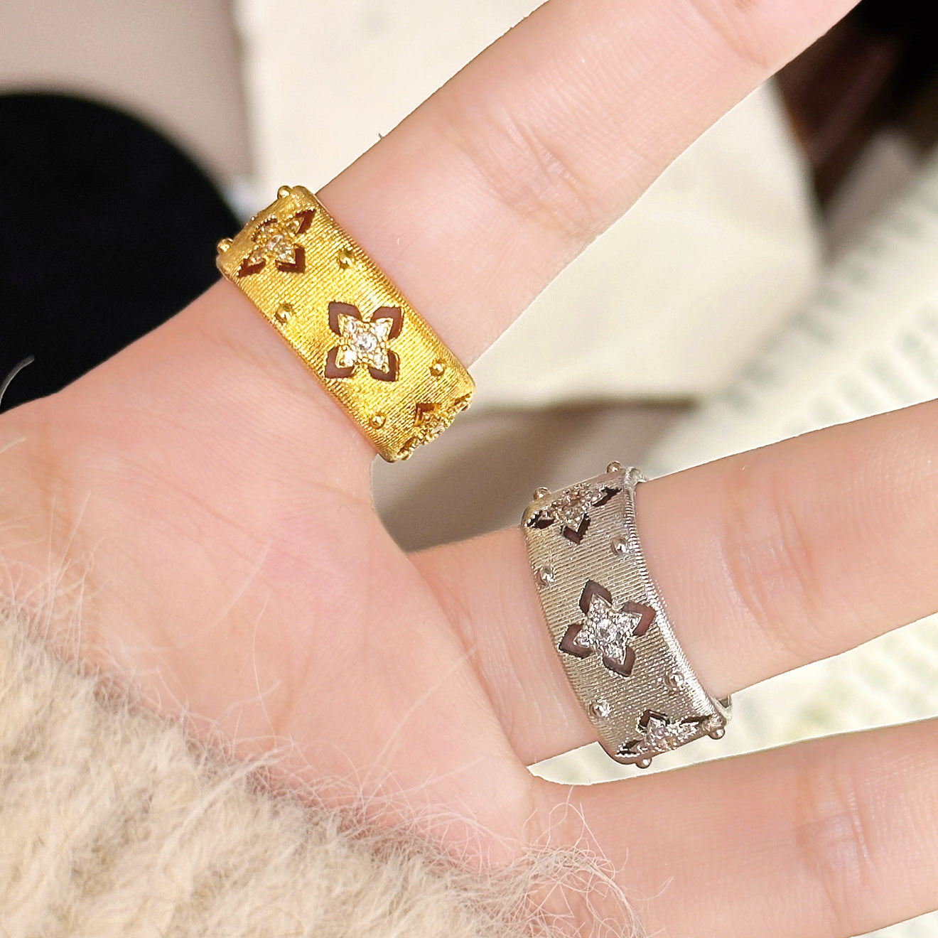 Diamond Flower Light Luxury High Sense Index Finger Vintage Court Rings