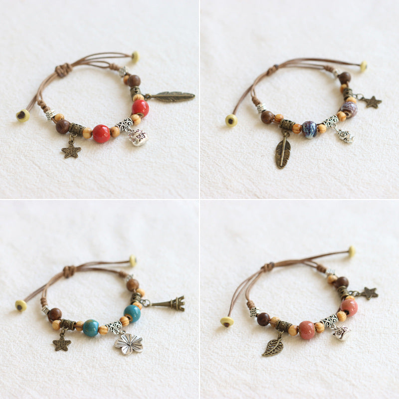 National Style Woven Lucky Cat Ceramic Adjustable Ethnic Carrying Bracelet