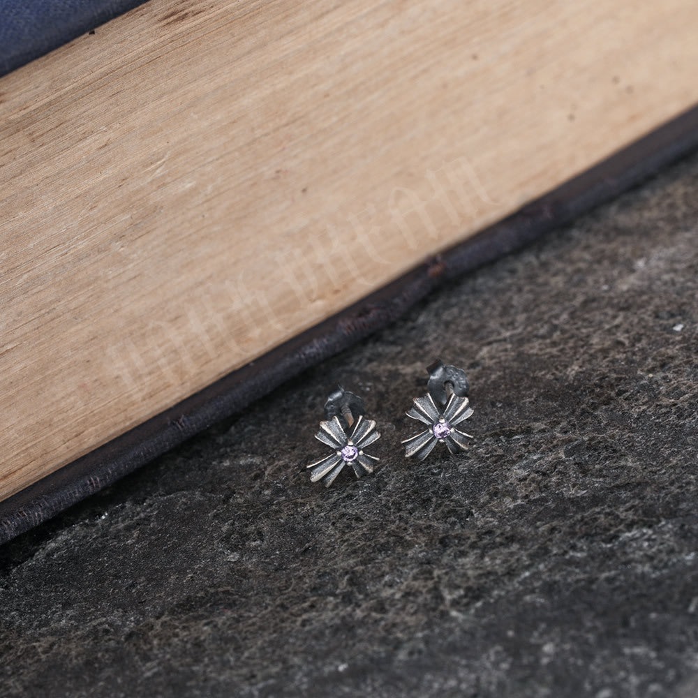 Entire Sterling Sier Retro Cross Purple Zircon Inlaid Distressed Light Stud Earrings