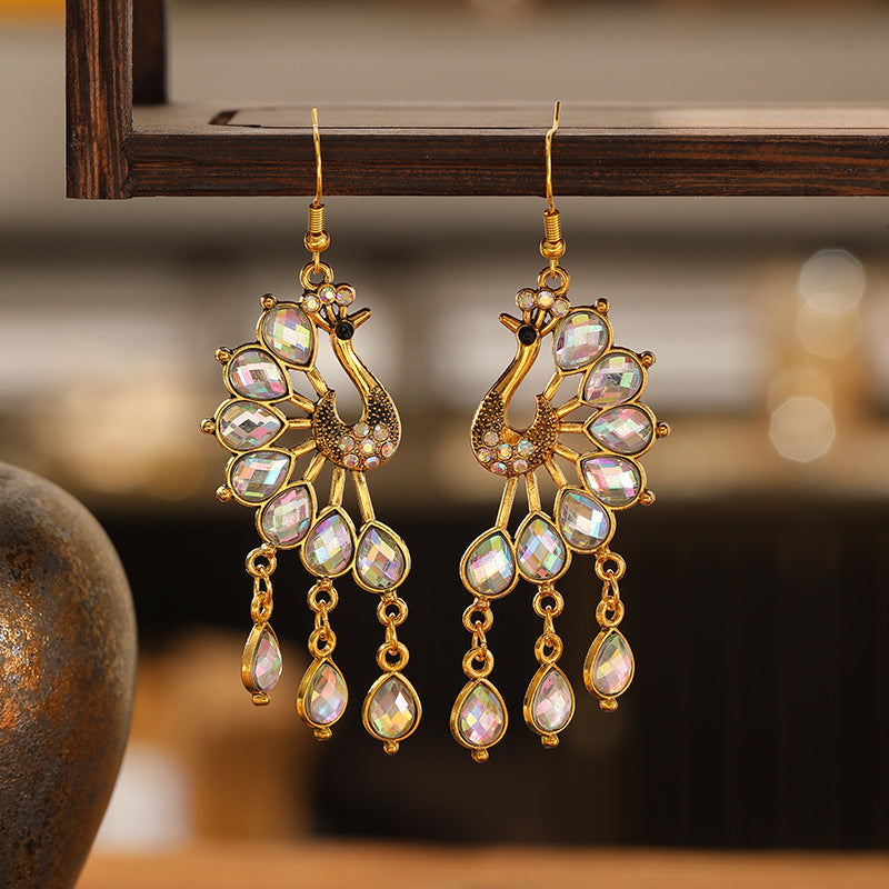 Retro Peacock Ethnic Style Hollow Personalized Dark Green Diamond Metal Earrings
