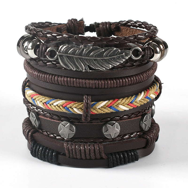 Vintage Weave Cattle Leather Leaves Star Combination Bracelets