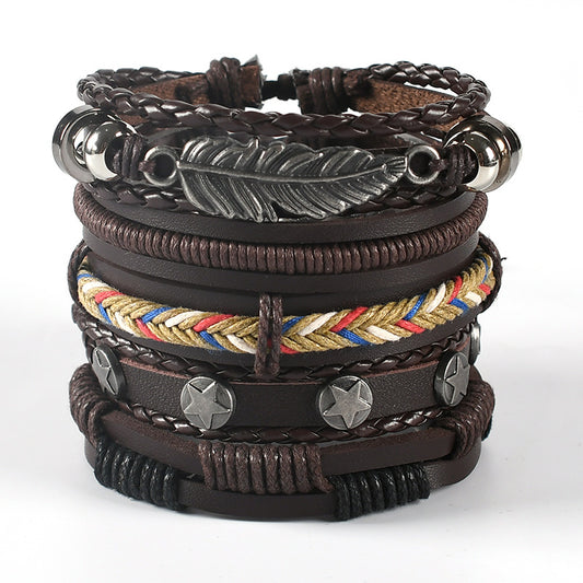 Vintage Weave Cattle Leather Leaves Star Combination Bracelets