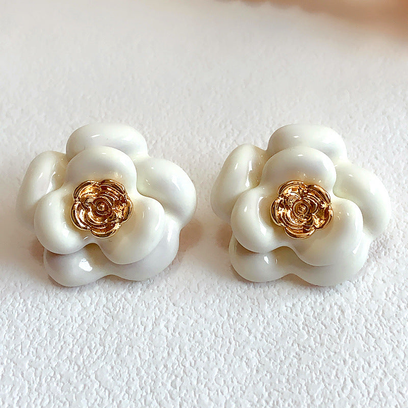 Retro French Light Luxury Temperament Camellia Ear Enamel Earrings