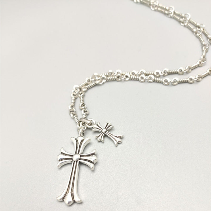 Sier Vintage Temperament Double Cross Couple Necklace