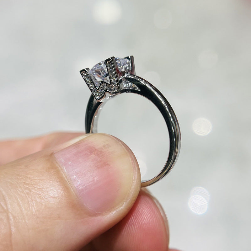 Women's Double Letter Micro Inlaid Zircon Carat Imitation Diamond Wedding White Ring