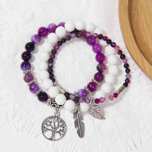 Women's Stone Bead Three-piece Tree Of Life Feather Vintage Bracelets