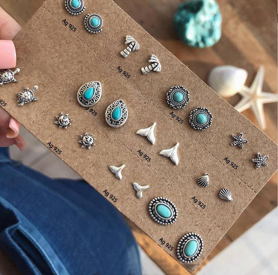 Hollow Carved Turquoise Starfish Turtle Fishtail Stud Earrings