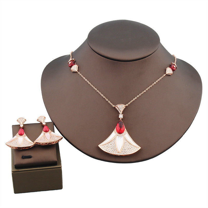 Fan-shaped Skirt Eardrops Lady Temperament Wedding Decoration Gold Female Clavicle Jewelry Set
