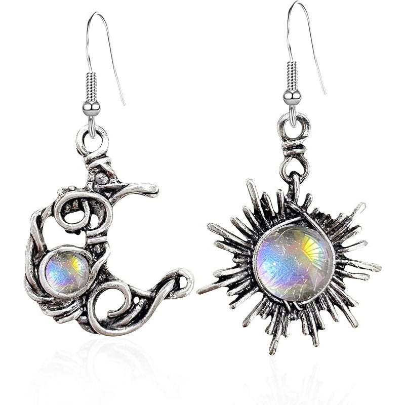 Bohemian Sun Moon Fashion Moonstone Asymmetric Earrings