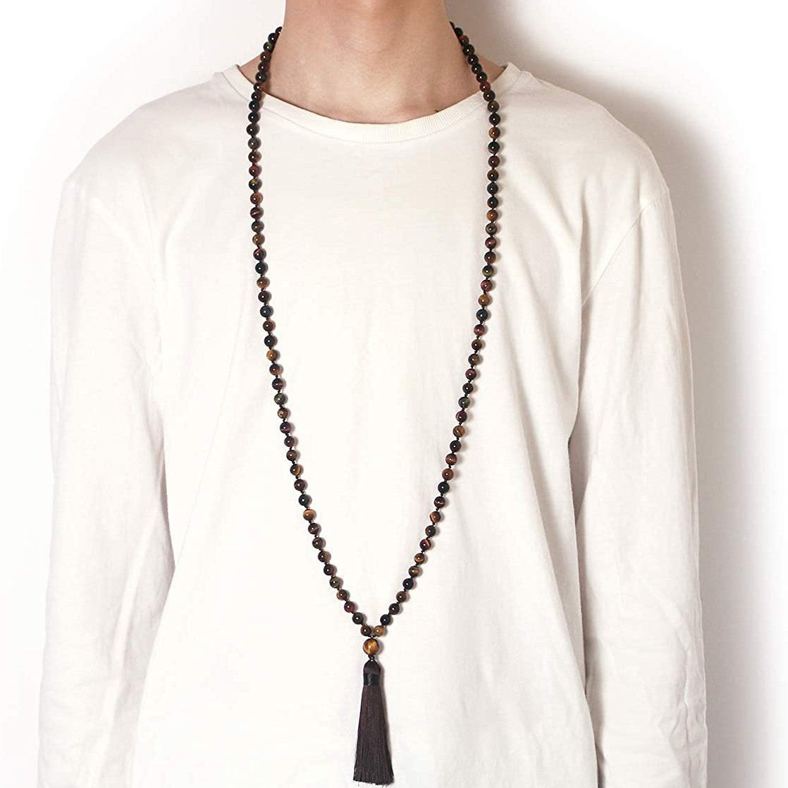 Three-color Tiger Eye Knotted Tassel Obsidian Green Jasper Blue San Necklace