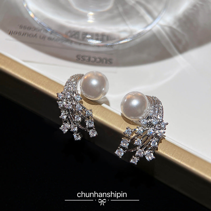 Full Zirconium Ear Clip Pearls Sier Female High Earrings
