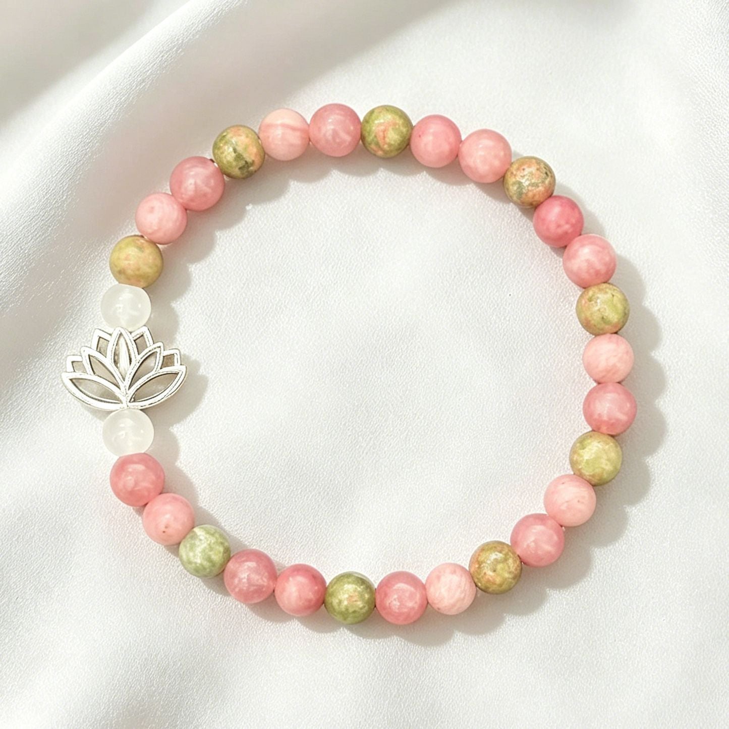 Women's Pink Crystal Natural Stone Seven Veins Lotus Bracelet