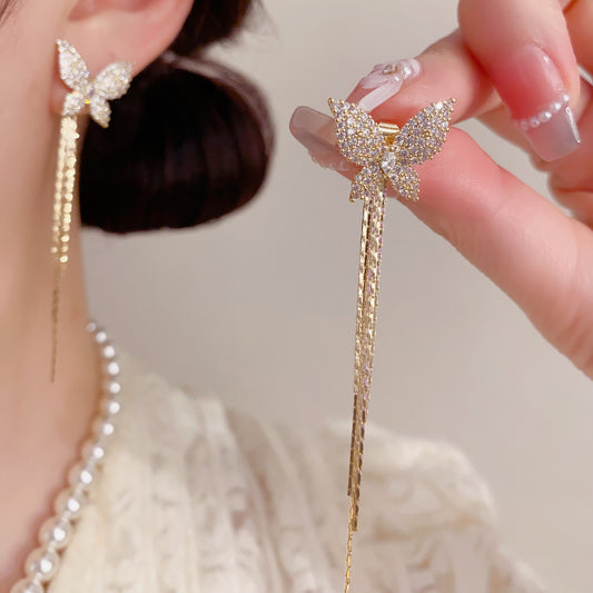 Micro Inlaid Zircon Butterfly Tassel Female Exquisite Versatile Earrings