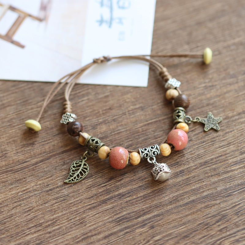 National Style Woven Lucky Cat Ceramic Adjustable Ethnic Carrying Bracelet
