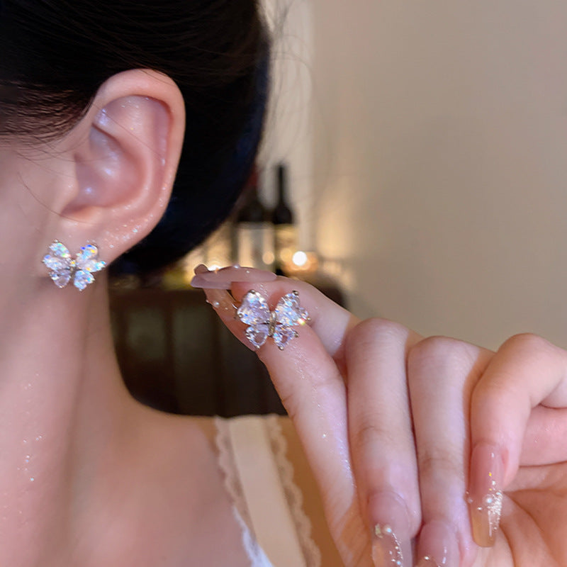 Sier Needle Zircon Pearl Advanced Fashion Bowknot Retro Earrings
