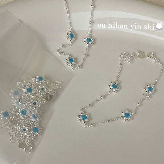 Oni Korean Sier Blue Turquoise Flower Sweet Refined Simple Bracelet