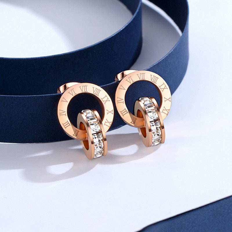 Elegant Buckle With Roman Numerals Round Rose Gold Plated Earrings