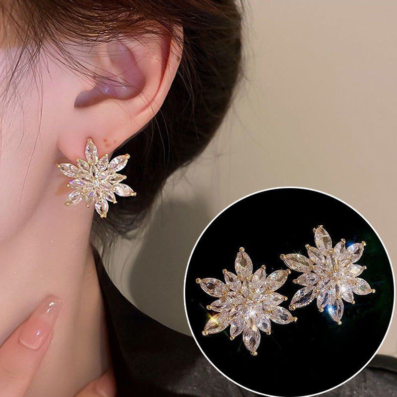 Women's Sparkling Full Rhinestone Sier Needle Ice Flower For Niche Design Stud Earrings