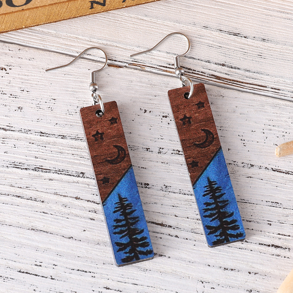 Women's Western Style Pine Star Moon Rectangular Geometric Earrings