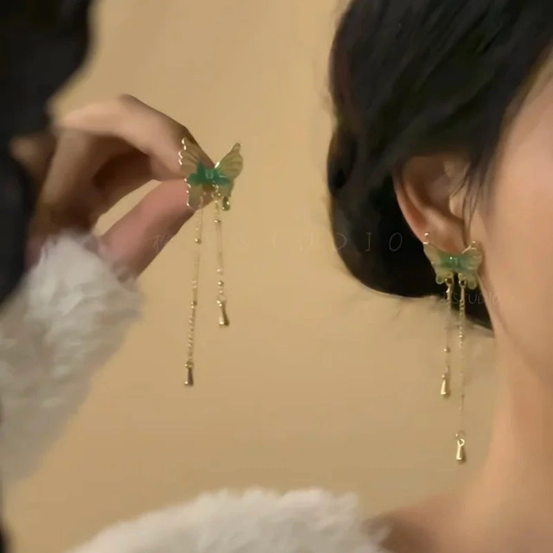 Women's Chinese Style National Burning Blue Beads Long Fringe Niche Retro Earrings