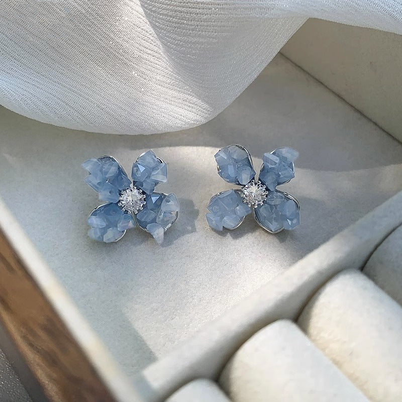 Women's Light Blue Crystal Flowers Luxury High-grade Niche Earrings