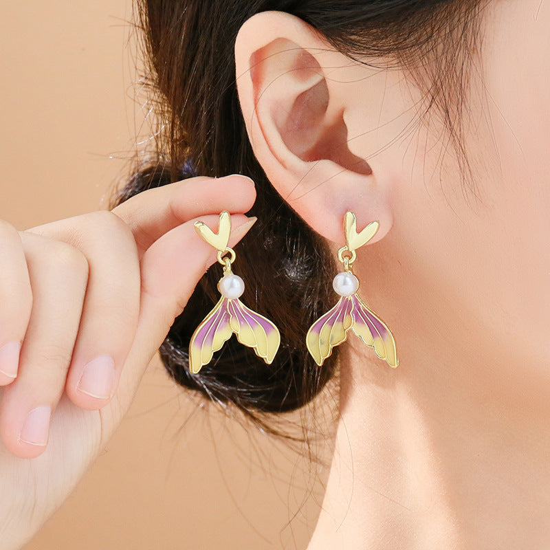 Women's Love Pearl Purple Gradient Fishtail Niche Unique Stud Earrings
