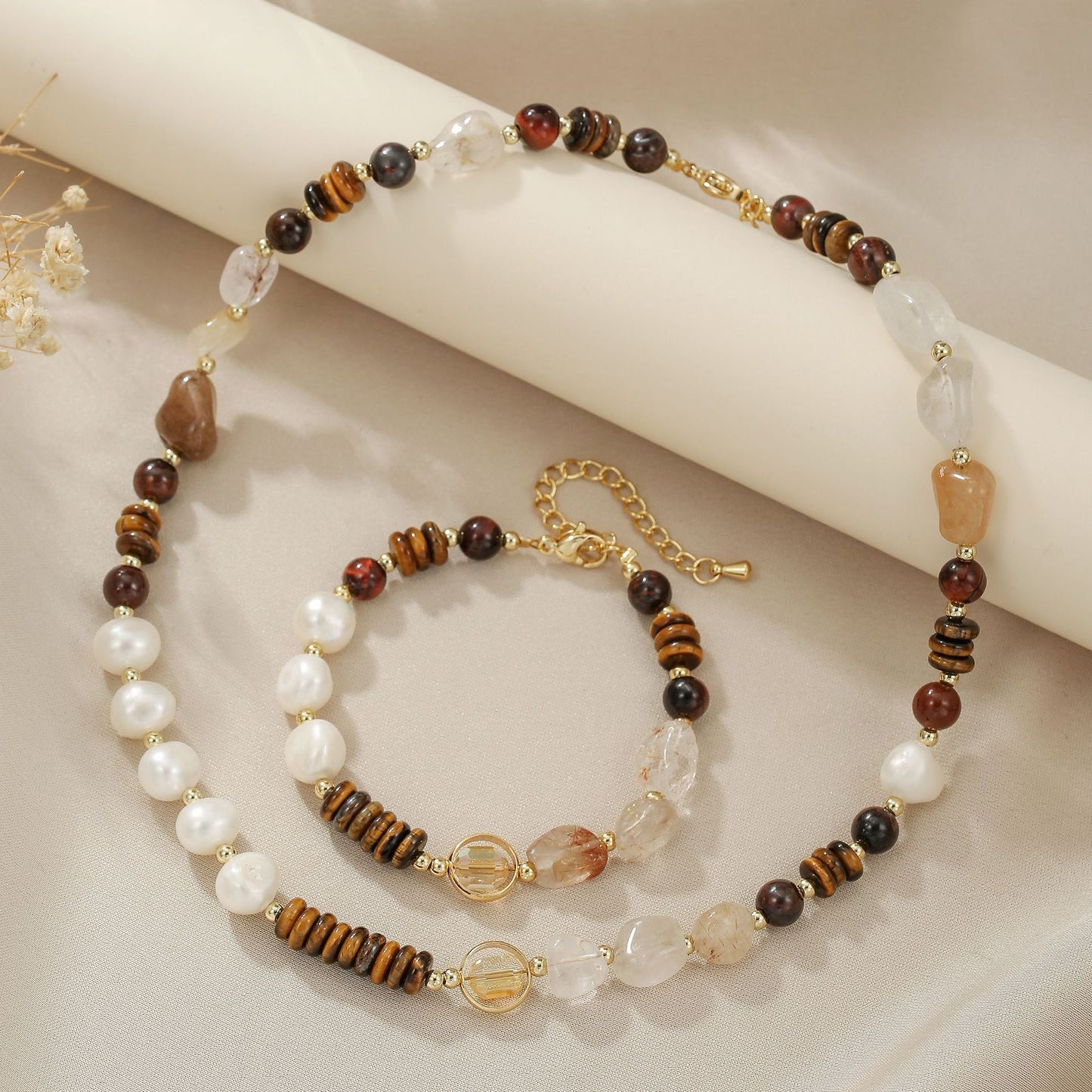 Style Tigereye Barite Freshwater Pearl Advanced Light Bracelet