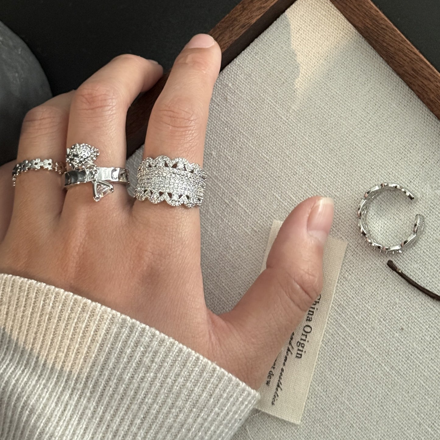 Women's Sier Flower Zircon Series Light Luxury Twin Ring