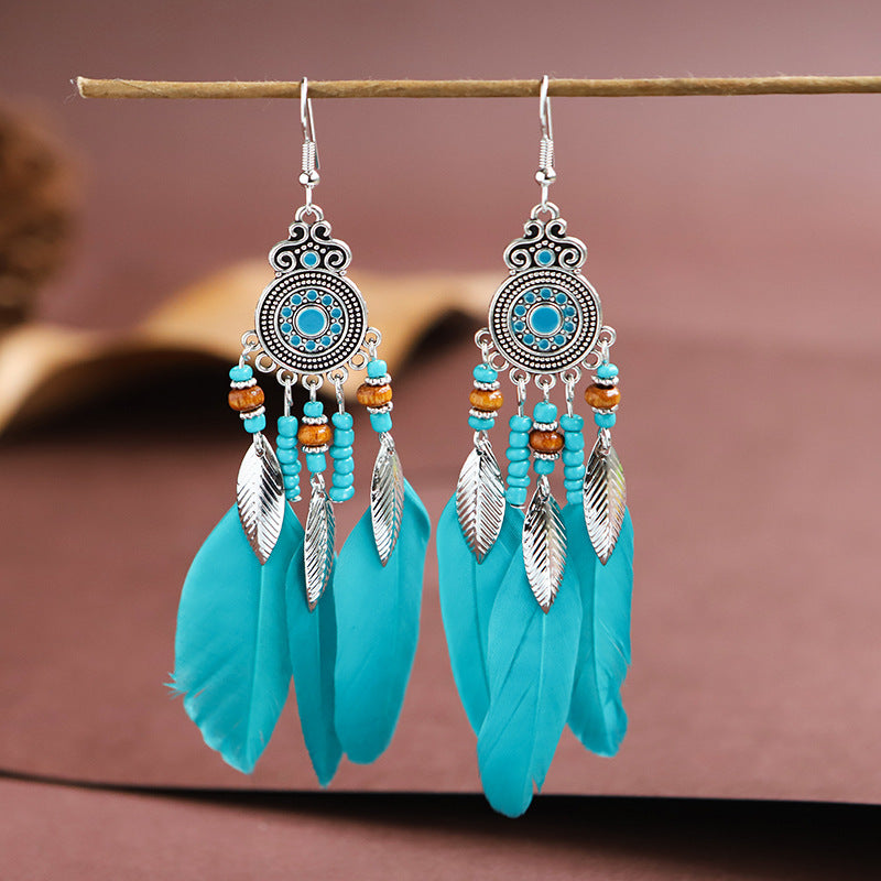 Feather Round Drop Oil Craft Retro Ethnic Earrings